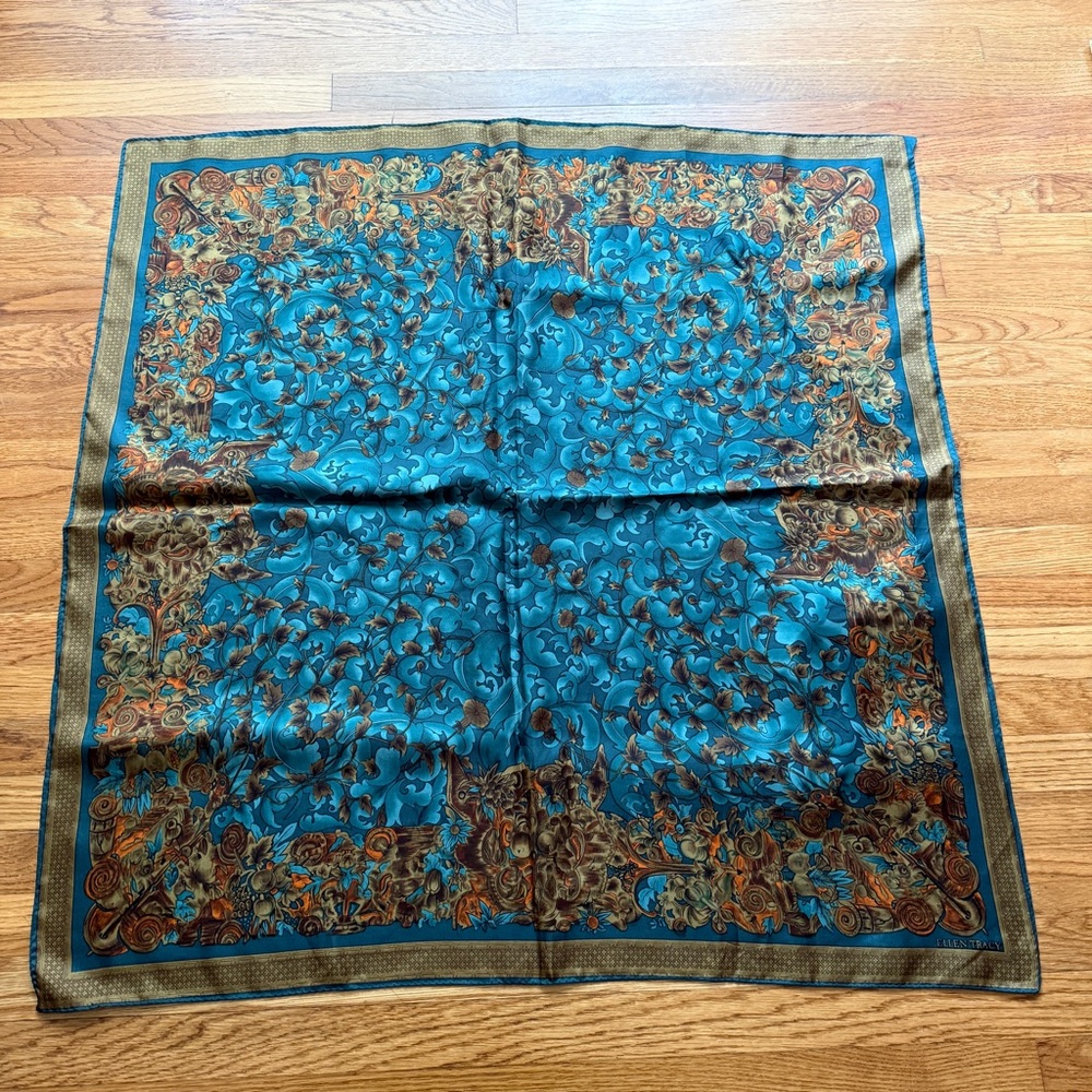Vintage Ellen Tracy teal and orange chic silk boho scarf - Picture 11 of 12